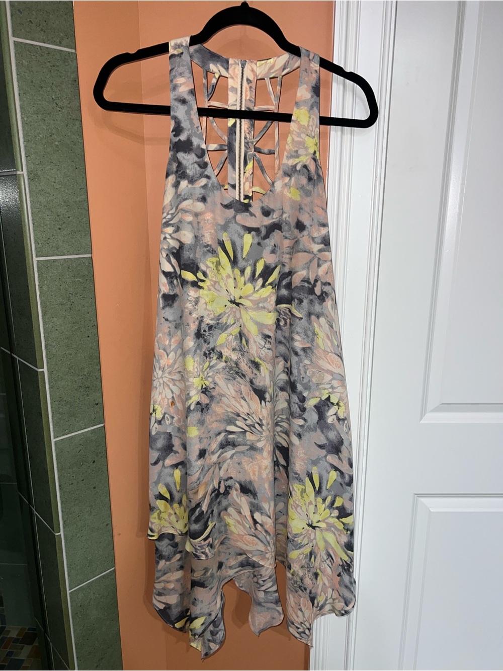 BCBG Floral Strappy Dress in Peach, Gray & Yellow Accents